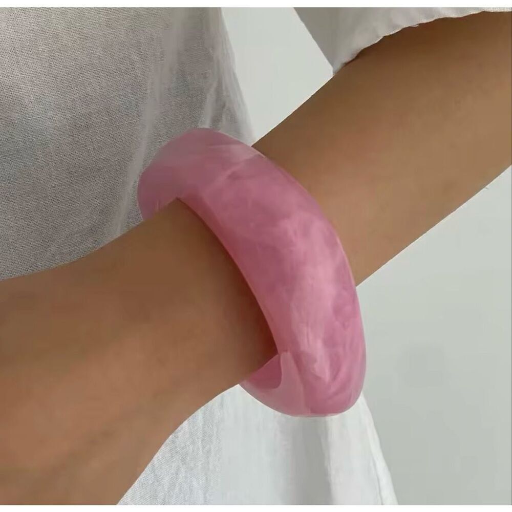 Chunky Pink Resin Bangle Bracelet Glossy Marble Statement Cuff Minimalist Boho